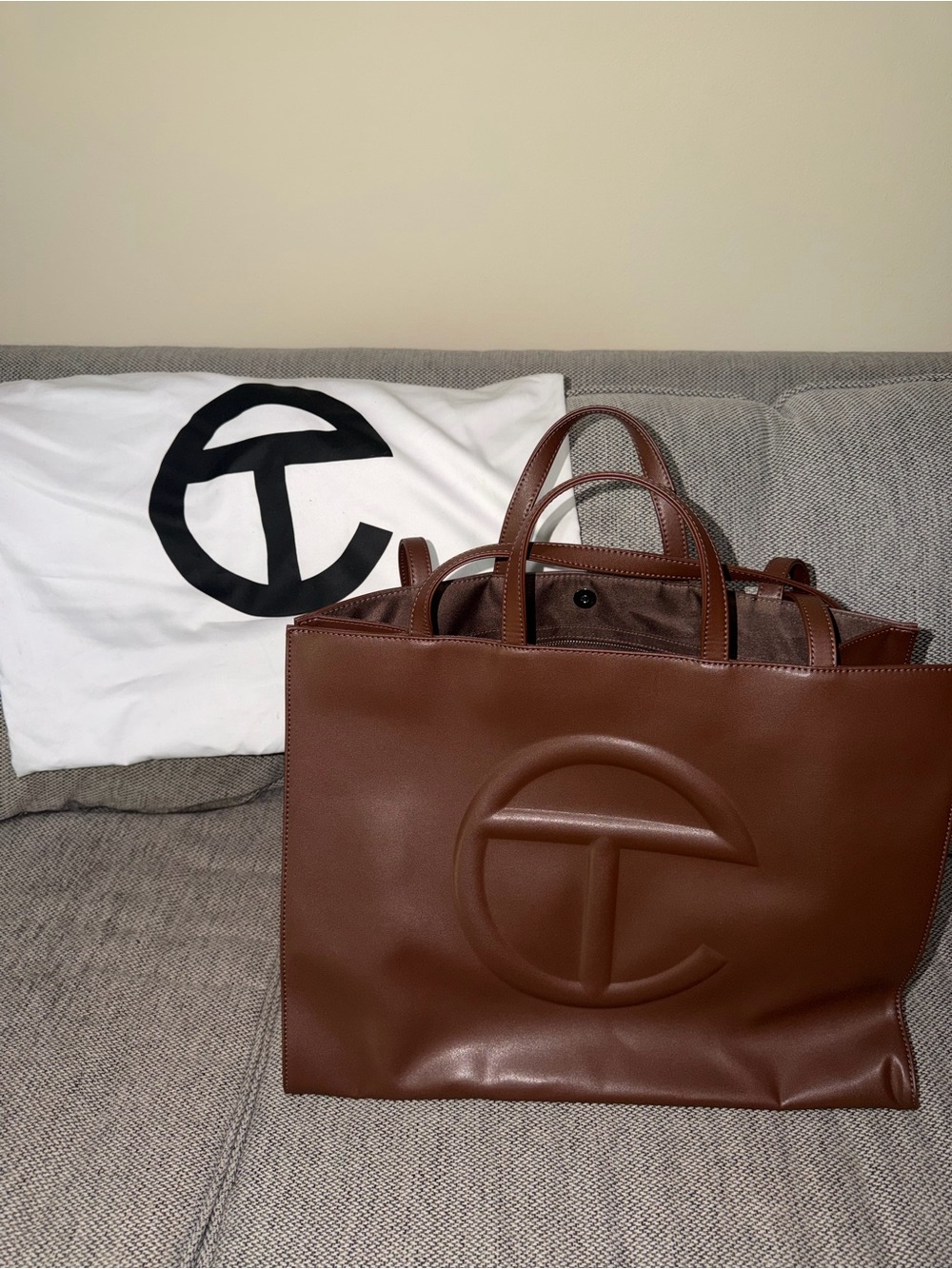 Telfar Large Brown Shopping Tote with Embossed Logo - Picture 6 of 6